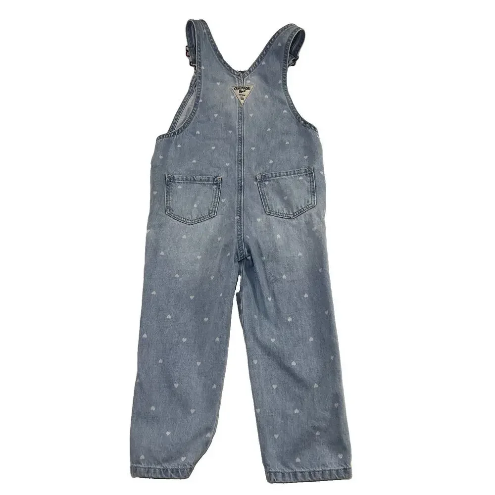 Osh Kosh B’gosh Overalls Toddler Girl Size 4T Blue Denim Heart AOP Heart Pocket